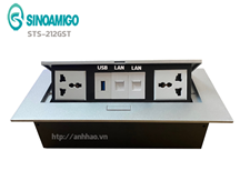 Hộp điện âm bàn làm việc Sinoamigo STS-212GST-1. Gồm 2 ổ điện, 2 Lan, 1 USB data 3.0
