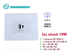 Sinoamigo P21-QC1: Ổ Cắm Sạc USB Type C Âm Tường Hình Vuông - Tích Hợp Công Nghệ Sạc Nhanh QC