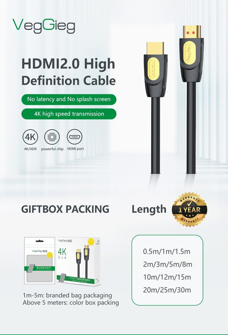 Cáp HDMI 2.0 dài 25M V-H212 VEGGIEG, độ phân giải 4K@3D