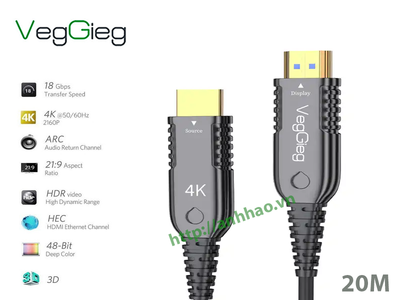 Cáp HDMI 2.0 sợi quang dài 20M V-H710 VEGGIEG, độ phân giải 4K,3D@60Hz