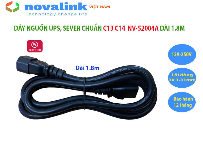 Dây nguồn C13 C14 dài 1.8M Novalink NV-52004A, lõi đồng 3G x 1.31mm tiêu chuẩn UL