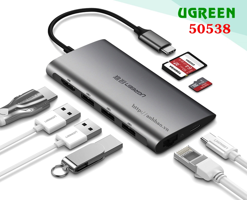 Hub USB-C đa năng Ugreen 50538 - Chuyển đổi USB sang HDMI, USB 3.0, RJ45, SD/TF