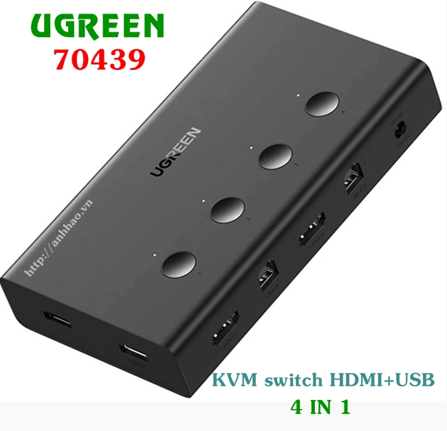 Ugreen 70439 - KVM Switch HDMI 4 vào 1 ra HDMI 2.0 4k@60Hz (4 CPU dùng chung 1 màn hình) chính hãng Ugreen