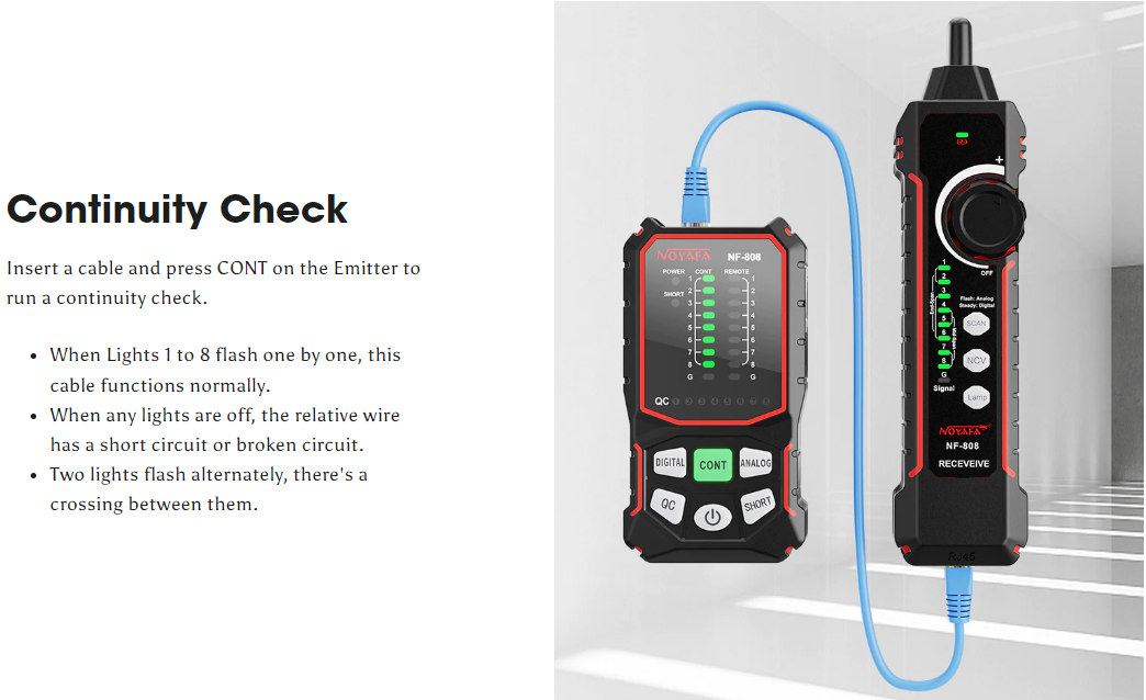 Máy test mạng Noyafa NF-808 chính hãng - Chứ năng quét cáp, kiểm tra QC, kiểm tra PoE, kiểm tra kết nối và NCV