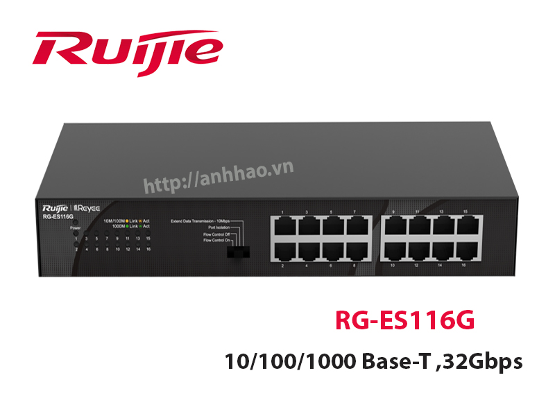 Switch 16 cổng 10/100/1000 Base-T Ruijie RG-ES116D, tốc độ chuyển mạch 32Gpbs