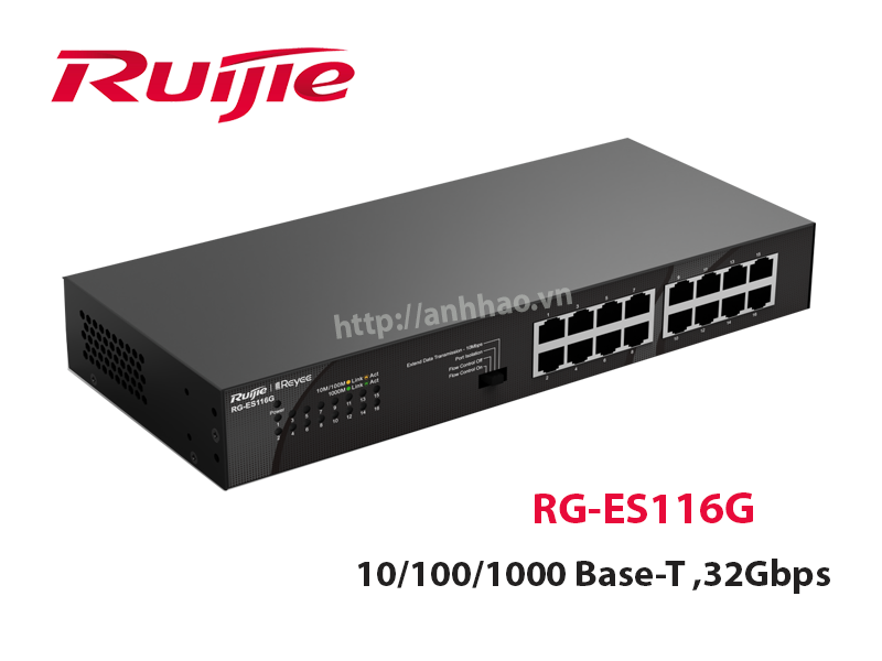 Switch 16 cổng 10/100/1000 Base-T Ruijie RG-ES116D, tốc độ chuyển mạch 32Gpbs