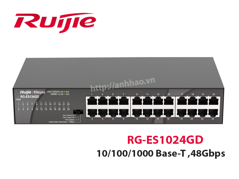 Switch 24 cổng 10/100/1000 Base-T Ruijie RG-ES124GD, tốc độ chuyển mạch 48Gpbs