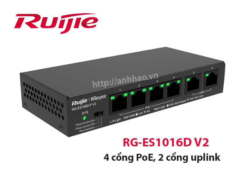 Ruijie RG-ES106D-P V2. Switch PoE 4 cổng 10/100 Base T, 2 cổng uplink 10/100 - Hàng chính hãng