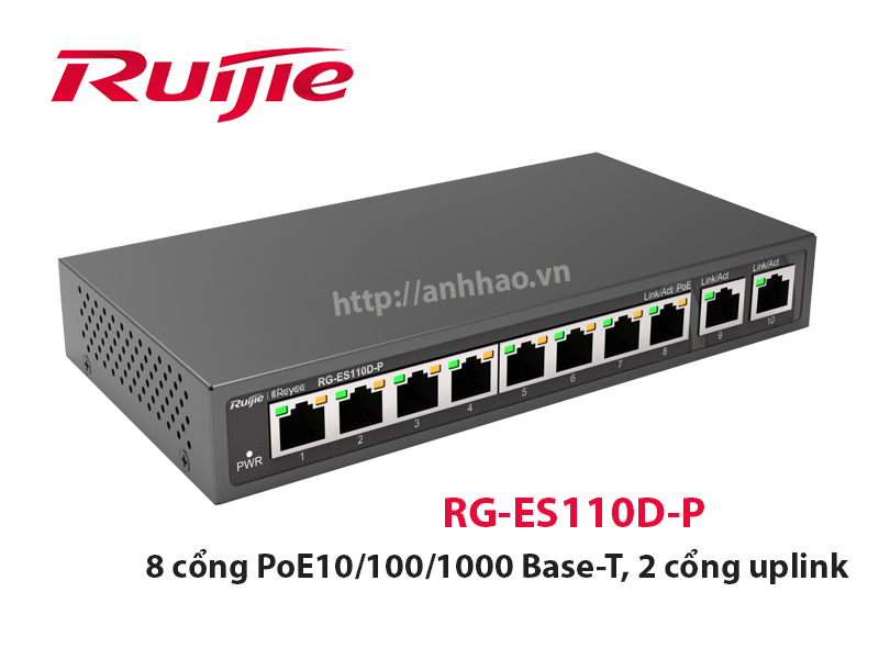 Ruijie RG-ES110D-P - Switch PoE 8 cổng 10/100/100 Mbps, 2 cổng uplink 10/100/100 Mbps