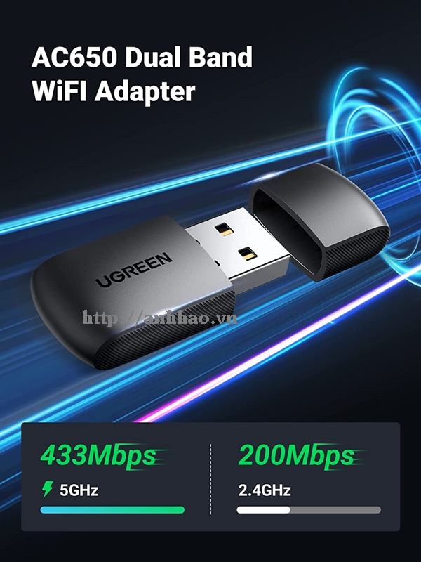 USB thu Wifi cho PC, laptop băng tần kép AC 2.4G/5G Ugreen 20204 chính hãng