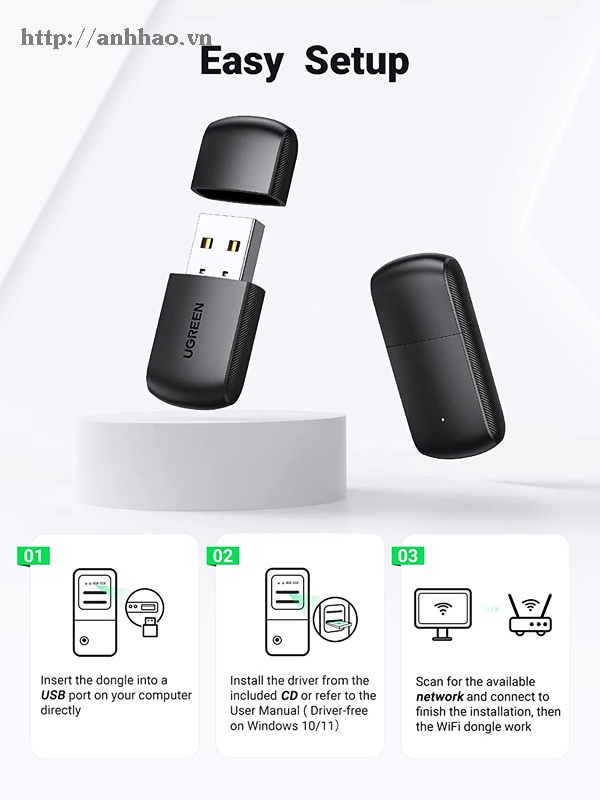 USB thu Wifi cho PC, laptop băng tần kép AC 2.4G/5G Ugreen 20204 chính hãng