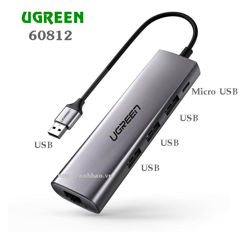 Bộ chuyển USB 3.0 to lan Ugreen 60812 chính hãng (thêm 1 cổng mạng Gigabit + 3 cổng USb 3.0)