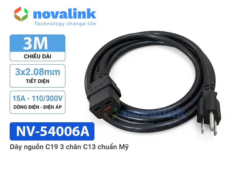 Dây nguồn 3 chân C19 3M Novaink NV54006A: Dùng cho UPS, PDU, Server | Lõi đồng 3G x 2.08mm