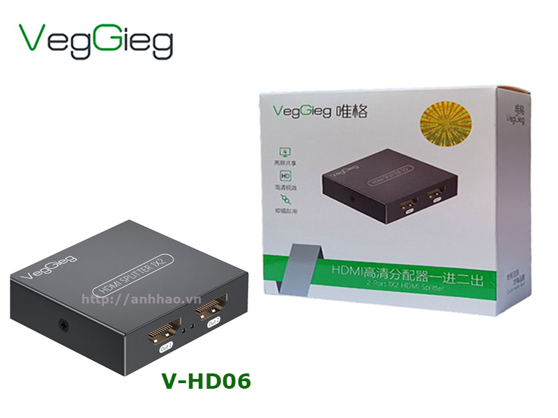 Bộ chia HDMI 1 ra 2 V-HD06 Veggieg, hỗ trợ độ phân giải 4K*2K@60Hz