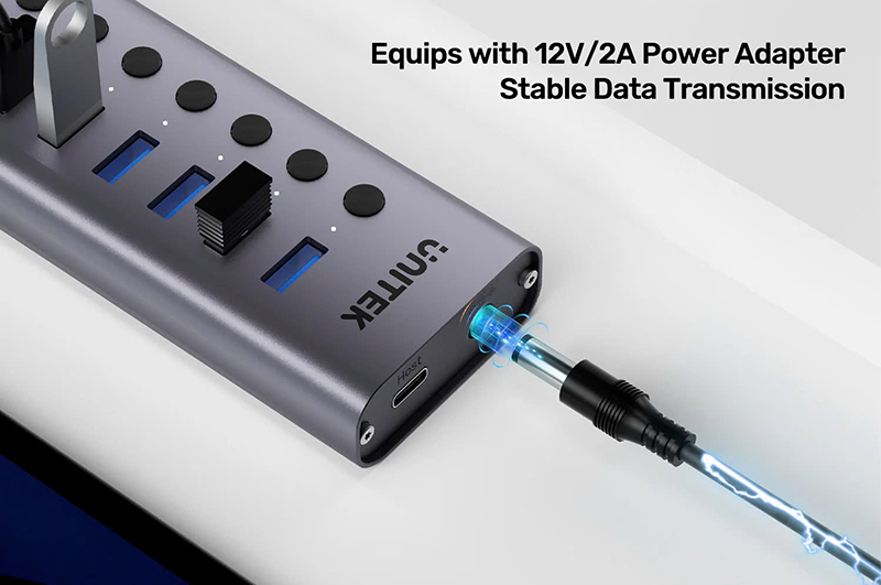 Hub USB 3.0 7 cổng có nguồn Unitek H1314A01-EU | Sạc nhanh 2.4A, công tắc riêng từng cổng