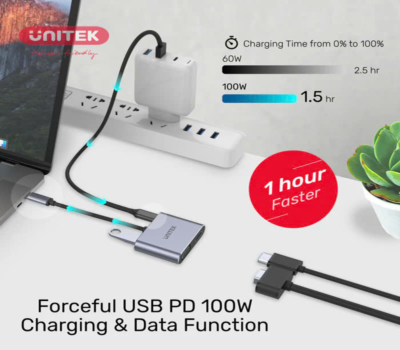 Cáp chuyển đổi USB-C ra HDMI, VGA sạc nhanh PD100W Unitek D1049A - Hỗ trợ MST, HDMI 4K, VGA