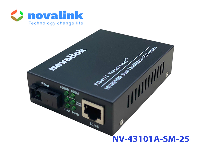 Bộ chuyển đổi quang điện 2 sợi 1Gb SC single mode 25km Novalink NV-43102D-SM-25