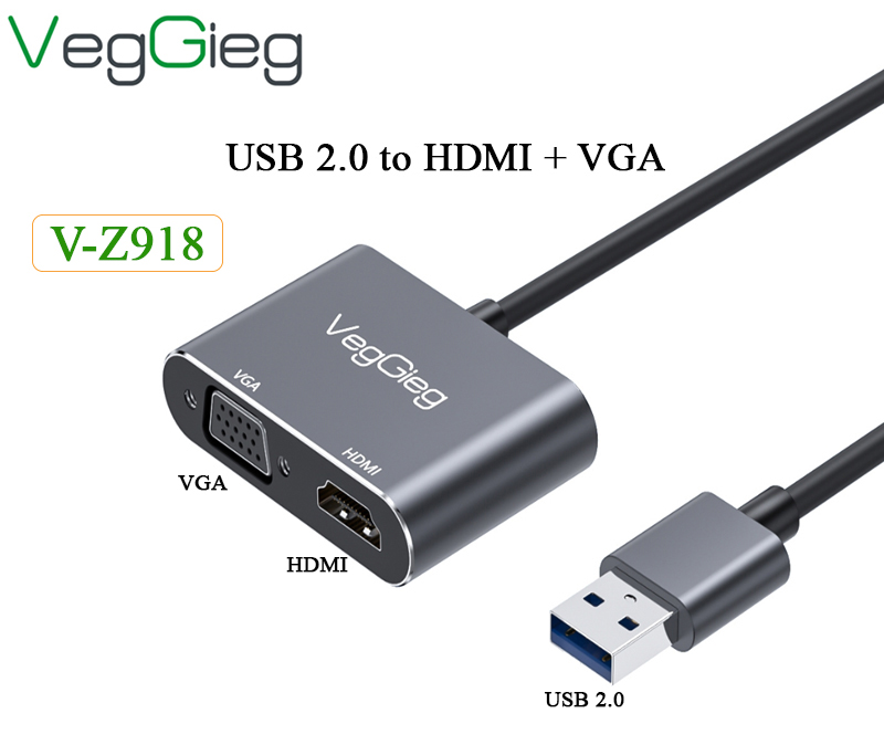 Cáp chuyển USB 3.0 sang HDMI VGA xuất 2 màn hình cho laptop VegGieg V-Z918