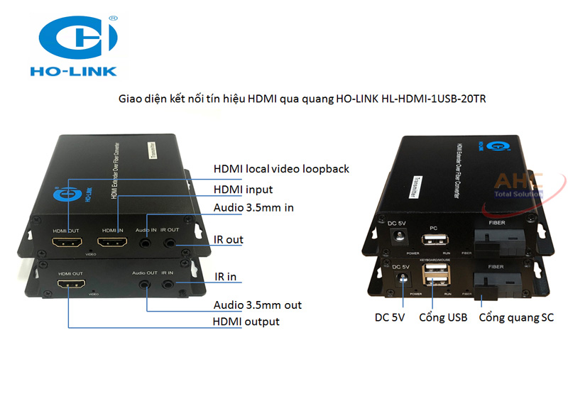 Bộ chuyển đổi HDMI qua cáp quang HO-LINK kèm 2 cổng USB (HL-HDMI-1USB-20TR)