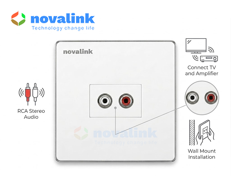 Ổ cắm âm tường RCA audio hình vuông Novalink cho TV, ampli và hệ thống âm thanh