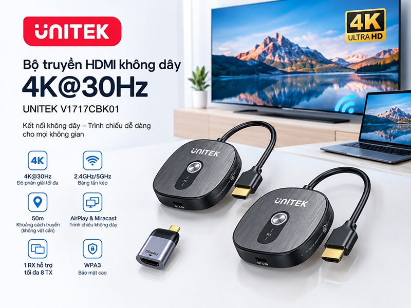 Bộ truyền HDMI không dây 4K@30Hz UNITEK V1717CBK01, 50m