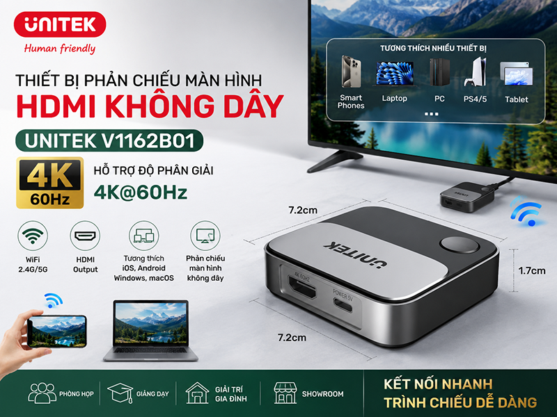 Thiết bị phản chiếu màn hình HDMI không dây Unitek V1162B01 hỗ trợ 4K 60Hz