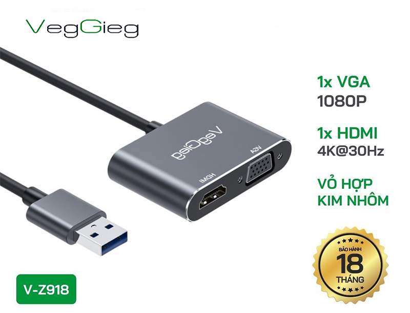 Cáp chuyển USB 3.0 sang HDMI VGA xuất 2 màn hình cho laptop VegGieg V-Z918