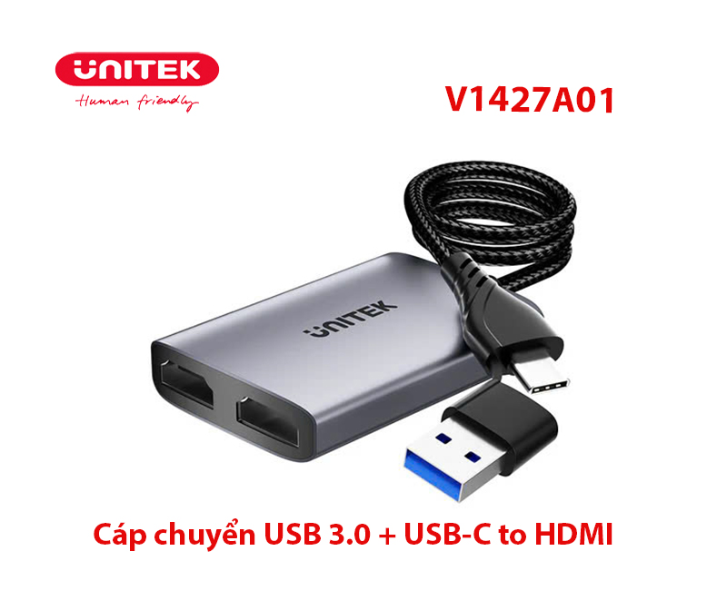 Cáp chuyển đổi USB type C + USB 3.0 sang HDMI Unitek V1427A01 chính hãng