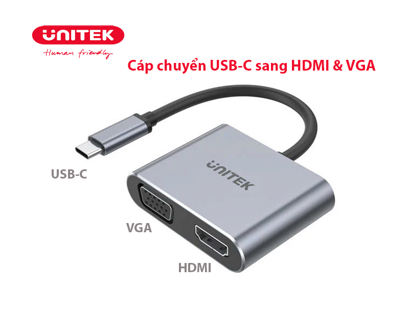 Cáp chuyển USB-C ra HDMI 4K 60Hz & VGA 1080P  Unitek V1126A xuất đồng thời 2 màn hình