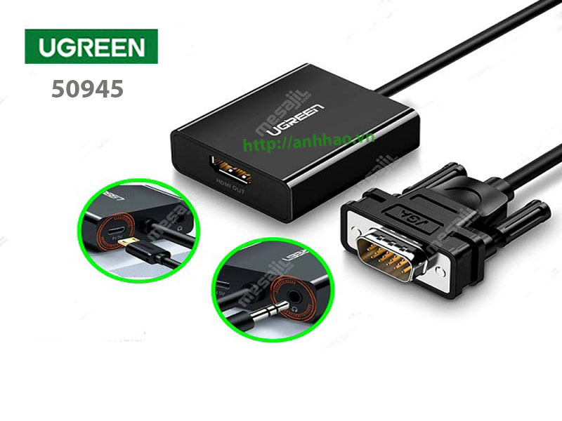 Cáp chuyển VGA sang HDMI 1080P kèm Audio dài 25cm Ugreen 50945 chính hãng