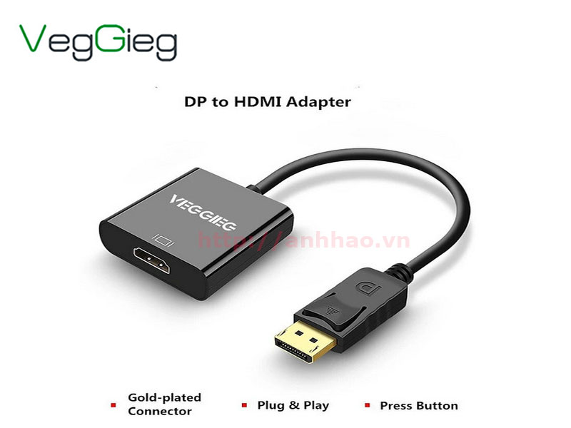 Cáp chuyển đổi Displayport sang HDMI VEGGIEG VZ614, hỗ trợ độ phân giải 4K/60Hz