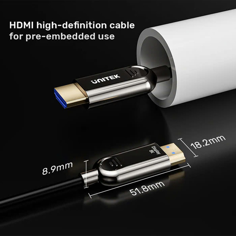 Cáp HDMI 2.1 sợi quang Unitek với đường kính 4.6mm và bán kính uốn cong 10mm, giúp dễ dàng đi dây qua những không gian hẹp hay lắp đặt xuyên tường