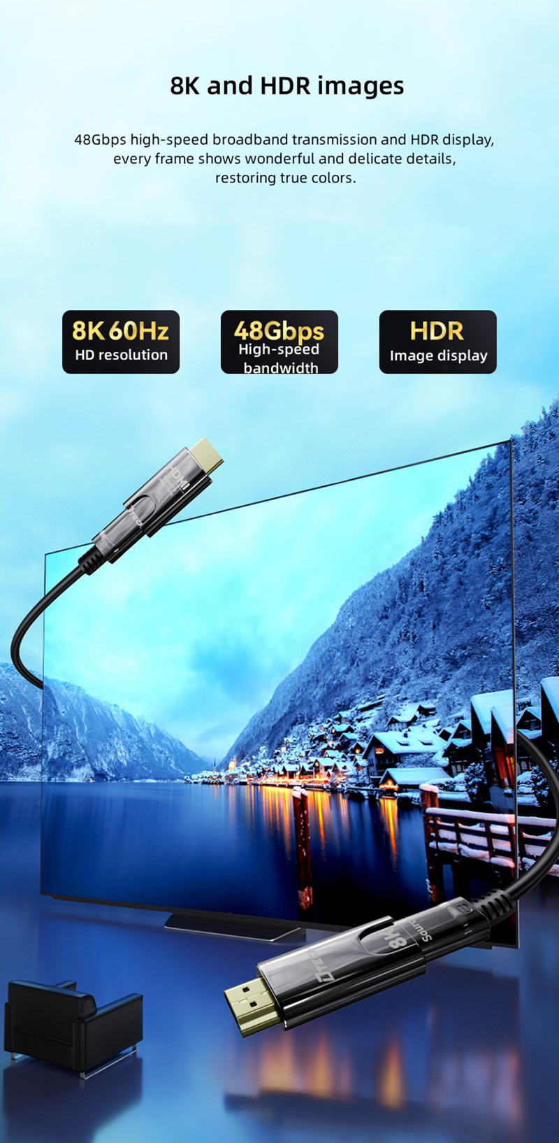 Cáp HDMI 8K sợi quang dài 15m Dtech DT-HOF3015, chuẩn HDMI 2.1