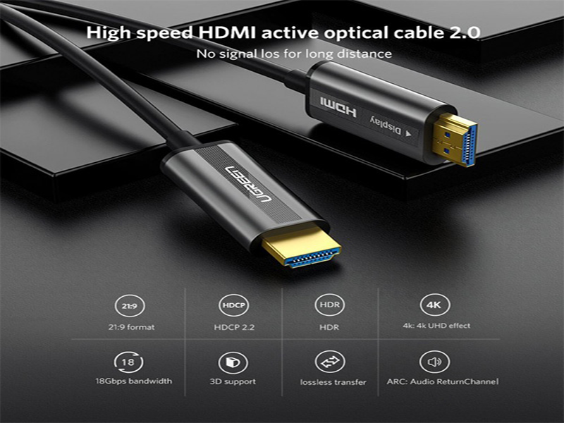 Cáp HDMI 2.0 sợi quang hợp kim kẽm dài 80M Ugreen 50221, hỗ trợ 4K@60Hz HDR