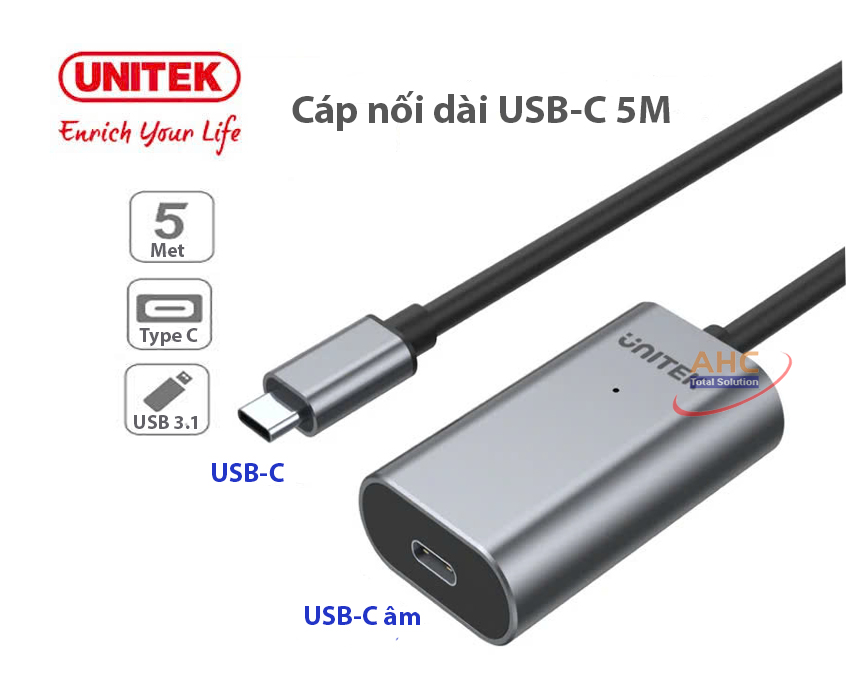 Cáp nối dài USB Type-C 5M Unitek U305A - tốc độ truyền dữ liệu 5Gbps