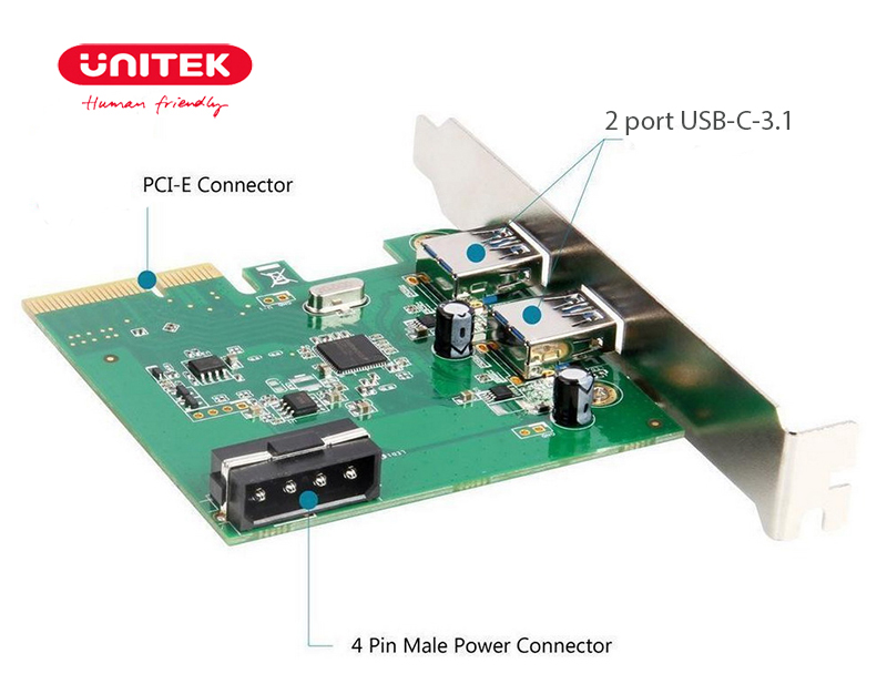 Card mở rộng PCIe sang 2 cổng USB-C 3.1 Unitek Y-7305 - tốc độ 10Gbps