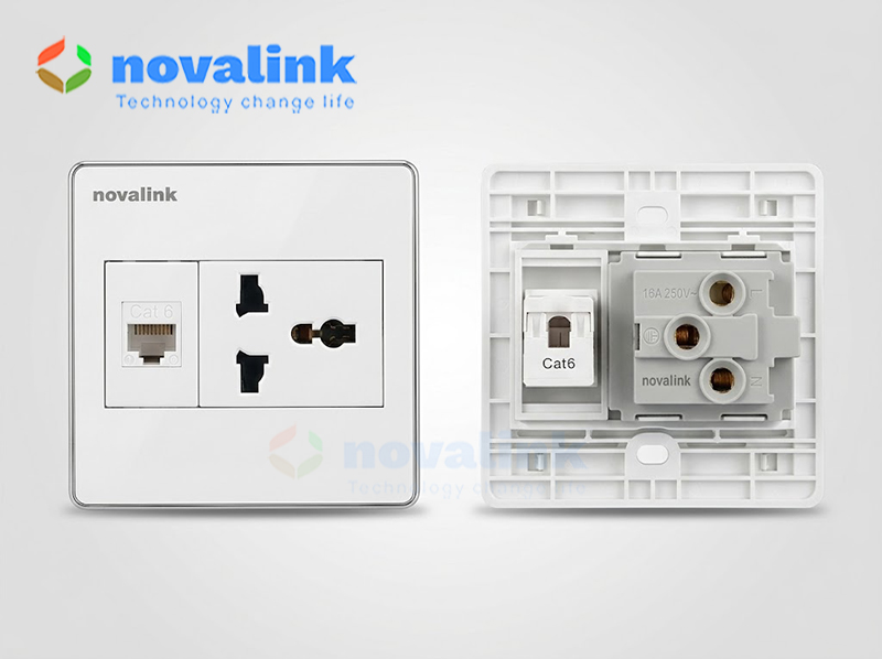 Ổ cắm mạng LAN RJ45 Cat6 âm tường kèm ổ điện đa năng - Novalink
