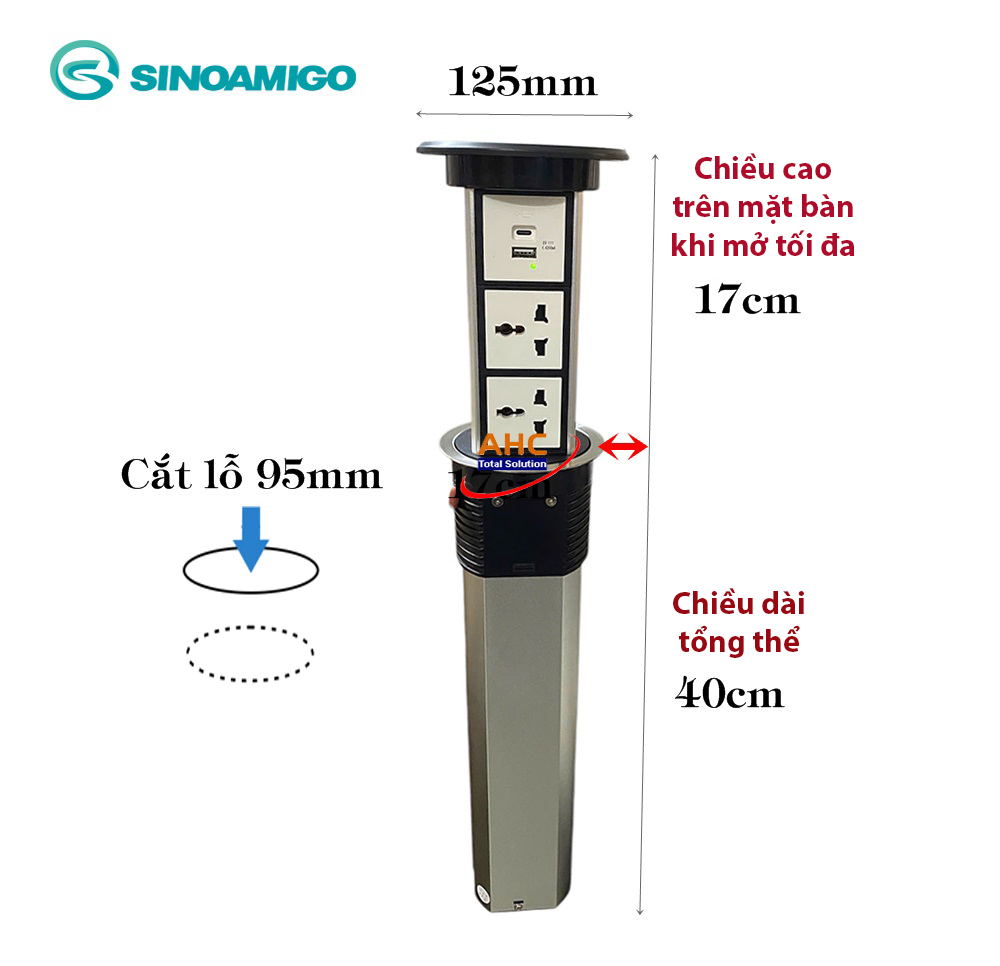 Ổ điện âm bàn đảo bếp hình trụ Sinoamigo SMT-4 màu bạc, đóng mở cảm ứng tự động, tích hợp sạc không dây