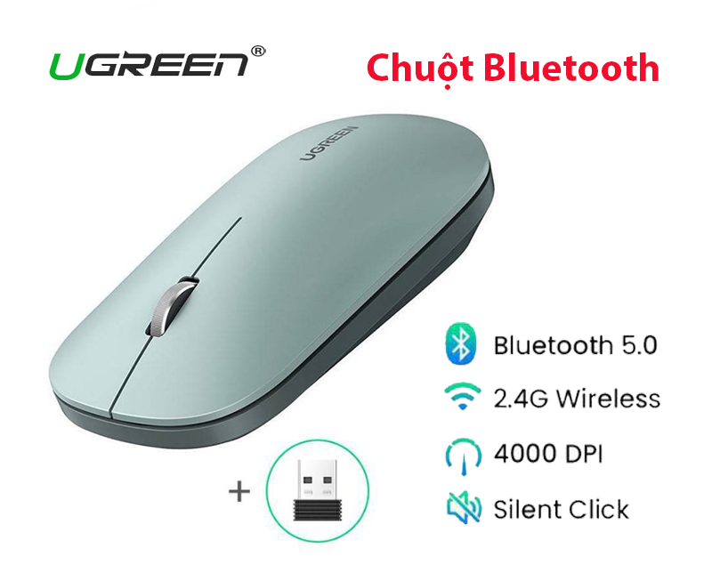 Chuột Bluetooth không dây UGREEN 25159 - Bluetooth 5.0 & 2.4G, Siêu mỏng, 4000 DPI, Click im lặng