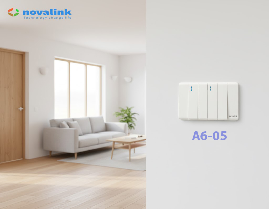 Bộ công tắc 4 hạt dài tràn viền | Công tắc điện 1 chiều | Novalink A6-05 cao cấp