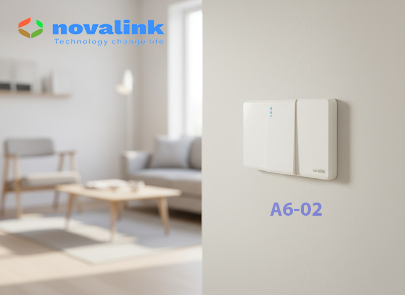 Công tắc đơn 2 chiều hạt dài Novalink A6-02-1 - màu trắng tuyết, mặt chống cháy, thiết kế cao cấp