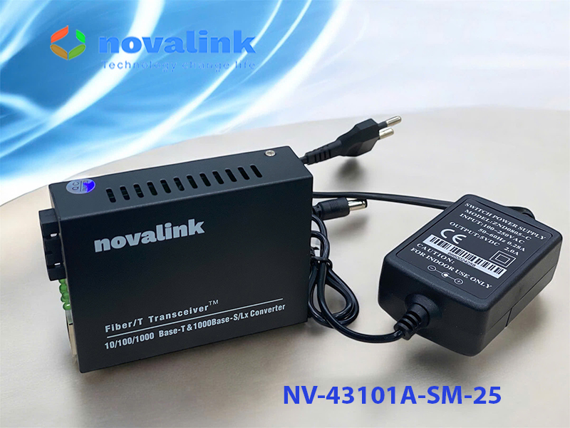 Bộ chuyển đổi quang điện 2 sợi 1Gb SC single mode 25km Novalink NV-43102D-SM-25