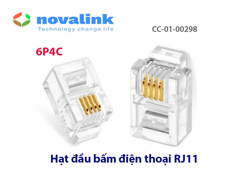 Đầu bấm điện thoại RJ11 Novalink CC-01-00298, chân tiếp xúc mạ vàng (túi 50 hạt)