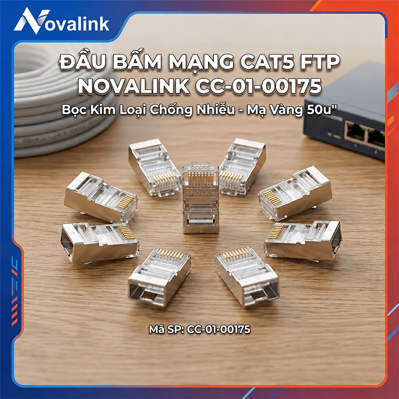 Hạt mạng RJ45 cat5e chống nhiễu Nova CC-01-00175 ch&acirc;n tiếp x&uacute;c mạ v&agrave;ng 50U cao cấp