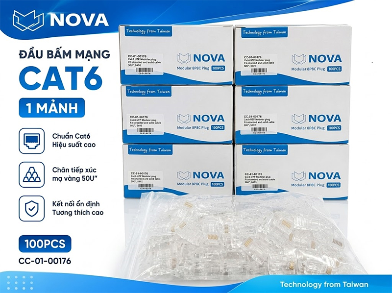 Hạt mạng, đầu bấm mạng cat6 1 mảnh Nova CC-01-00176 chính hãng