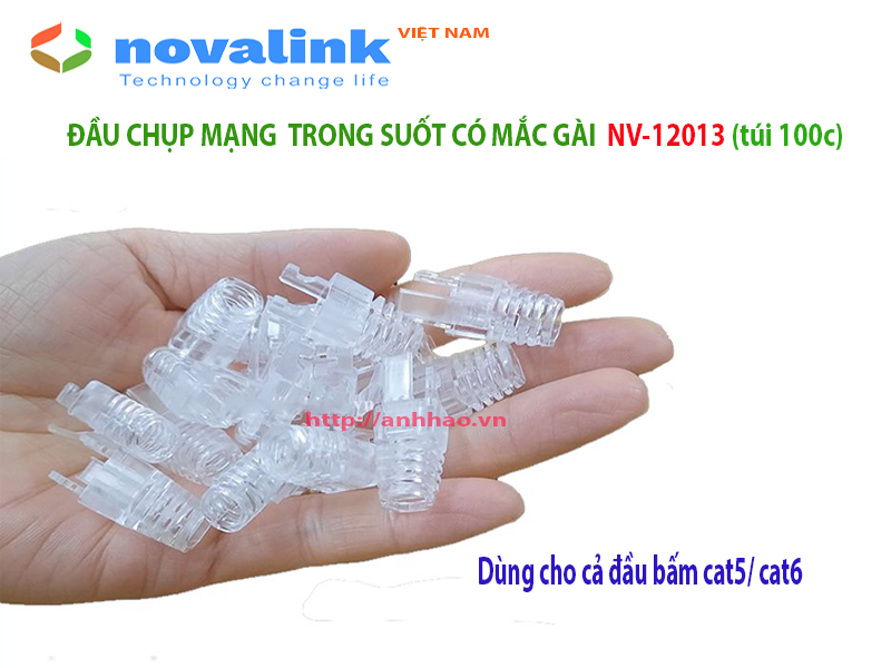 Đầu chụp mạng có móc gài trong suốt Nova NV-12013 dùng cho đầu bấm cat6 (túi 100c)