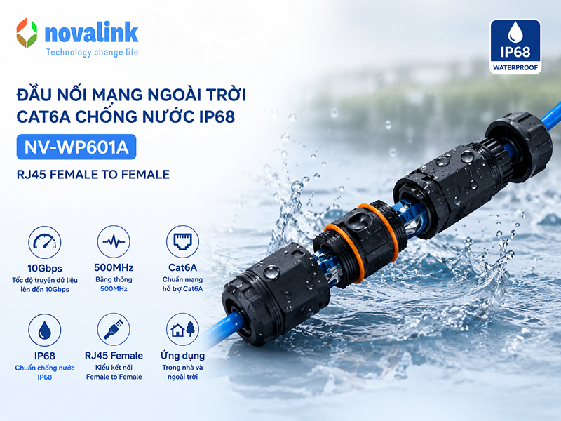 Đầu nối mạng RJ45 cat6A ngoài trời chống nước IP68 Novalink NV-WP601A 10Gbps