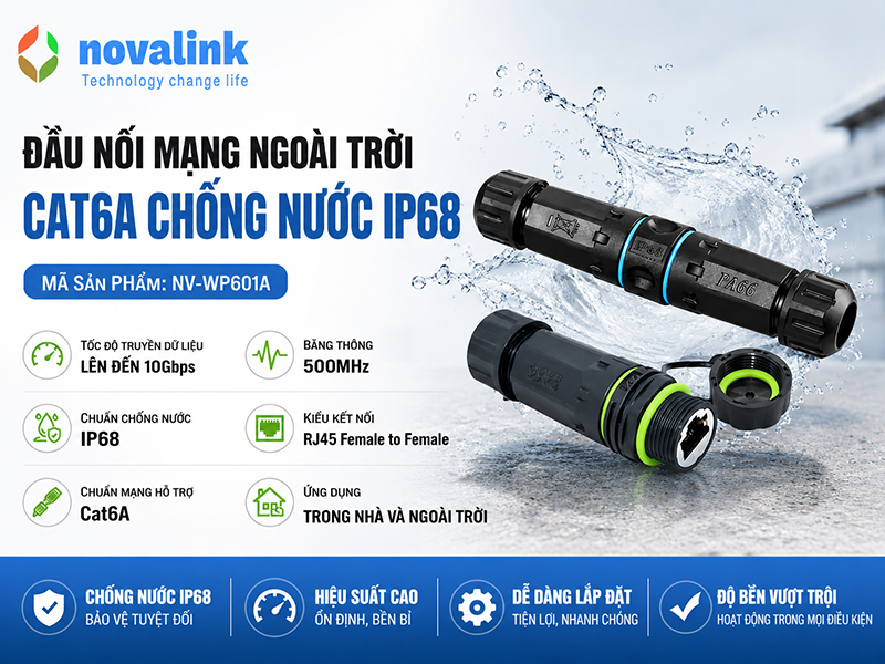 Đầu nối mạng RJ45 cat6A ngoài trời chống nước IP68 Novalink NV-WP601A 10Gbps