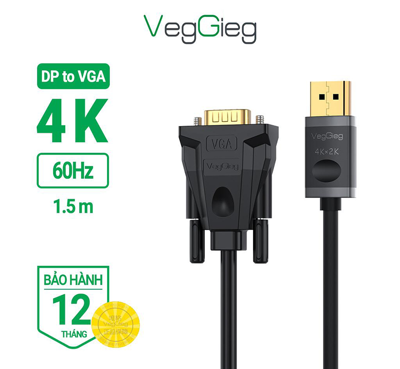 Cáp Chuyển DisplayPort Sang VGA V-Z606 VegGieg - Hỗ Trợ 4K 60Hz, Chiều Dài 1.5m