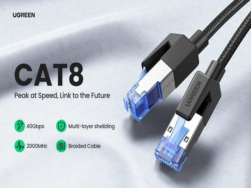 Cáp mạng cat8 đúc sẵn 2 đầu dài 5M Ugreen 80433 - Tôc độ 40Gbps, băng thông 2000Mhz, dây bọc dù